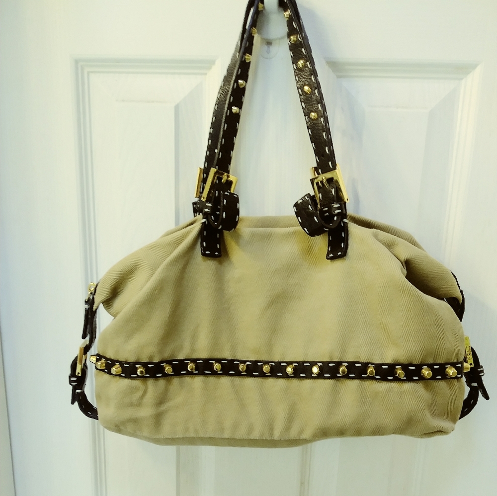Fendi selleria tan canvas studded shoulder bag